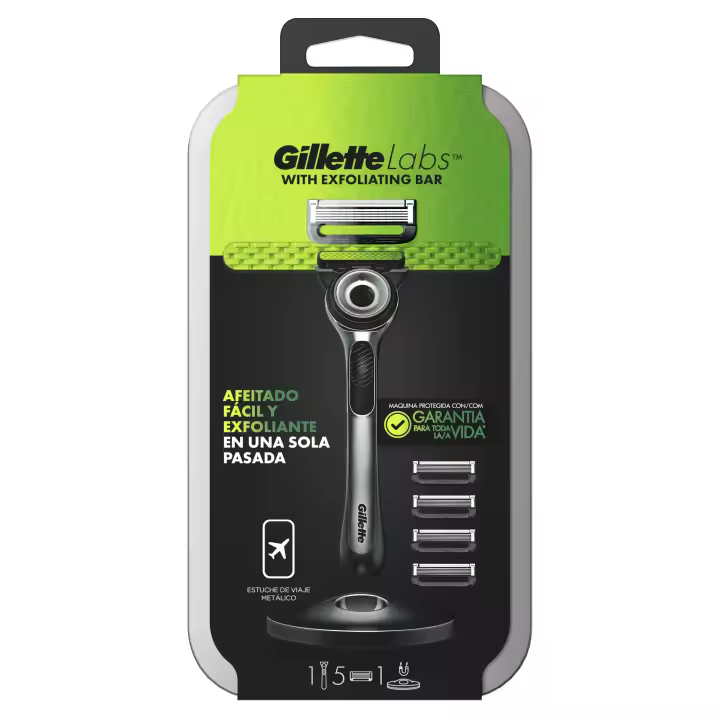GilletteLabs máquina de afeitar con barra exfoliante y estuche de viaje, 1 mango, - 5 recambios, stand magnético - 1