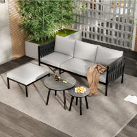 Juego de muebles de Jardín, juego de Esquina, sofá + 2 mesas de café + reposapiés, Malla de Cuerda Gruesa, Mesa de Vidrio con surface de Mármol, para Jardines, piscinas y otras áreas al Aire Libre, Gris - details 6