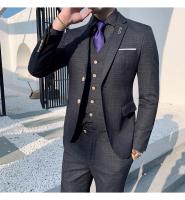 Traje De Tres Piezas Para Hombre Ajustado Con Chaleco Y Pantalones De Alta Calidad Tela De Arte Doble Hebilla Para Boda - details 8