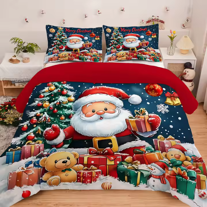 Set De Edredón Y Fundas De Almohada De Navidad Kawaii Con Dibujos De Ciervo Y Viejo 3 Piezas Funda De Edredón Y 2 Fundas De Almohada 100% Poliéster 90gsm - 1