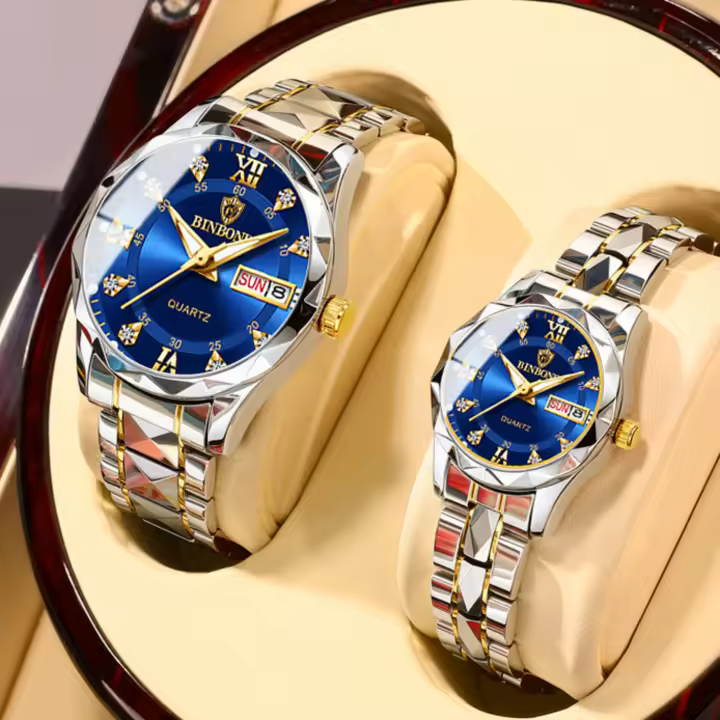 Reloj De Pareja 2pcs/set Relojes De Cuarzo Acero Inoxidable 30M Impermeables Regalo De San Valentín Para Hombres Y Mujeres Cristal De Hardlex - 1