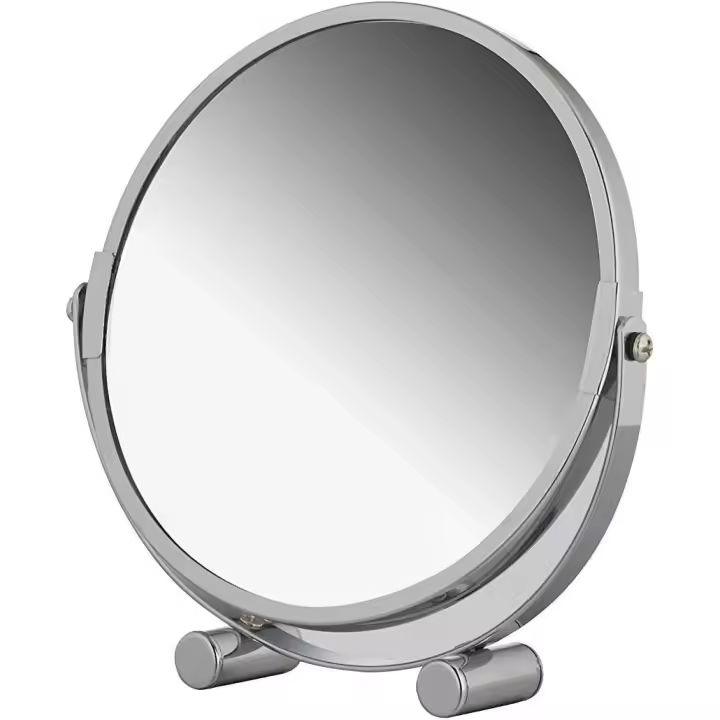 Espejo de aumento giratorio de pie, espejo de tocador cosmético portátil de metal cromado con aumento de hasta 3x, espejo de maquillaje redondo de doble cara, diámetro aproximado de 17 cm - 1