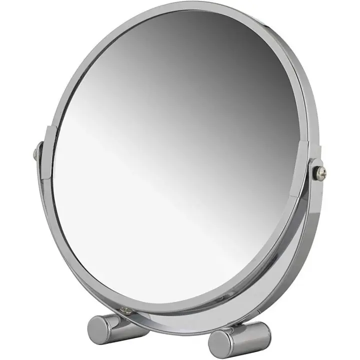 Espejo de aumento giratorio de pie, espejo de tocador cosmético portátil de metal cromado con aumento de hasta 3x, espejo de maquillaje redondo de doble cara, diámetro aproximado de 17 cm - 1