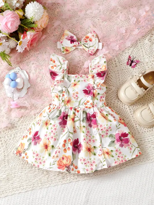 Vestido De Verano Para Bebé Niña Con Mangas Flotantes Y Tirantes Spaghetti Estampado Floral De Pintura Lindo Y Accesorio De Cabello - 1
