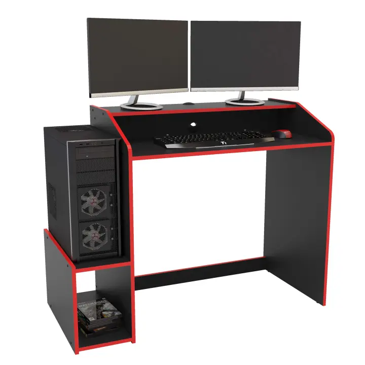 Mesa Gamer Legend Negro y Rojo Estilo Moderno 116 cm 1 Estante con altillo para pantalla Melamina - 1