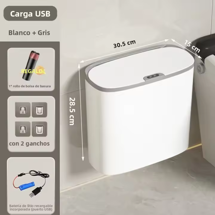 Basurero Inteligente 14L Con Sensor Automático Montado En La Pared Impermeable Y Elegante Para Cocina Y Baño Blanco - 1