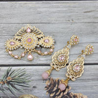 Juego De Broches Y Aretes De Arábiga Sunspicems Para Mujer En Color Oro Con Cristales Azul Y Rosa Flor Marruecos Joyería Broche Caftán Trendy - details 3