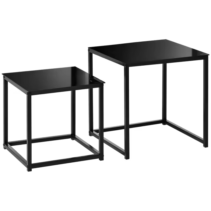 HOMCOM Juego de 2 Mesas Auxiliares, Juego de Mesas de Centro, Mesa de Centro con Tablero de Cristal, Mesa de Sofá Cuadrada para Dormitorio, Salón, Acero, Negro - 1