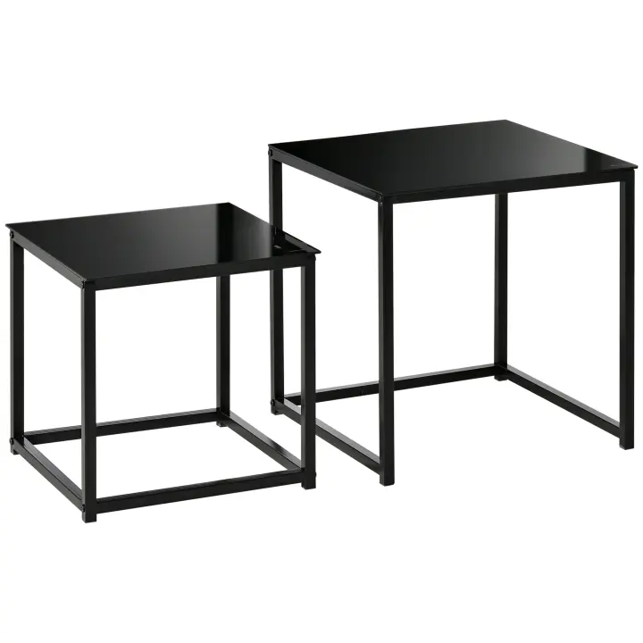 HOMCOM Juego de 2 Mesas Auxiliares, Juego de Mesas de Centro, Mesa de Centro con Tablero de Cristal, Mesa de Sofá Cuadrada para Dormitorio, Salón, Acero, Negro - 1