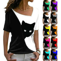 Blusa De Verano Para Mujer Estilo Nuevo Con Cuello Inclinado Y Estampado De Gato Negro Manga Corta Camiseta Casual De Polyester Y Spandex - details 0