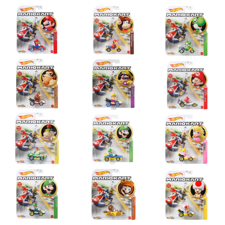 Hot Wheels Mario Kart 1:64 Diddy Kong, Princess Peach, Wario, Luigi, Baby Mario, Tanooki Mario, Yoshi, Toad, Mario, Bowser Jr, Donkey Kong