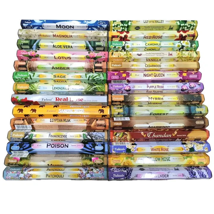 Lote de Incienso Tulasi - Surtido de 15 Cajas -300 varillas  Pack de Inciensos fragancias variadas - salvia blanca sándalo citronela palo santo sangre de dragón vainilla lavanda opio Patchouli azmicle mirra manzana posion fresa variedades Nag champa - 1