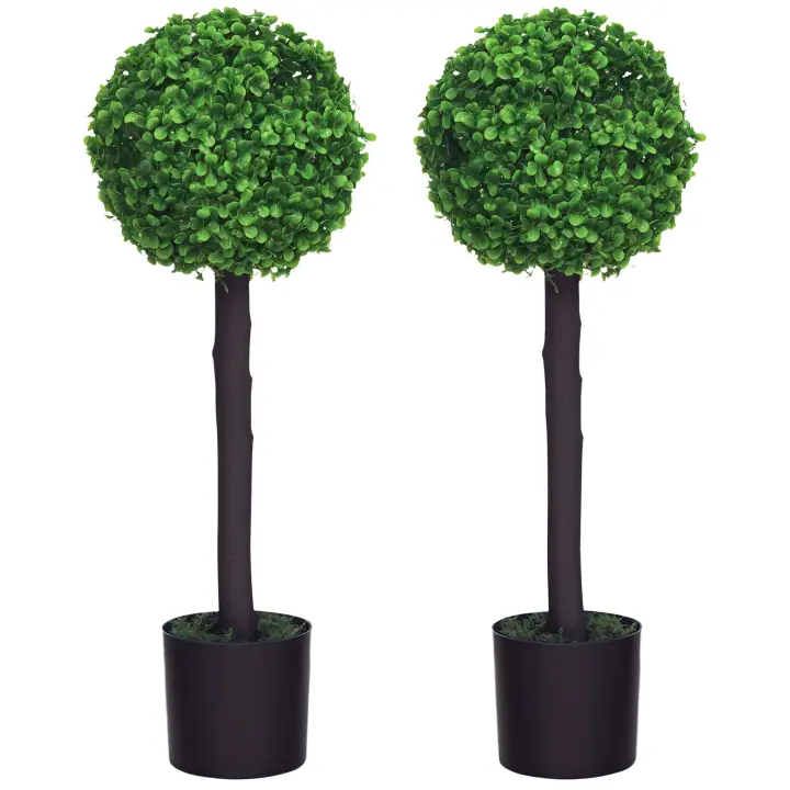 HOMCOM Juego de 2 Plantas Artificiales Decorativas 60 cm Árboles de Bolas de Boj en Macetas Plantas Falsas para Decoración Interior y Exterior del Hogar Ø20x60 cm Verde - 1