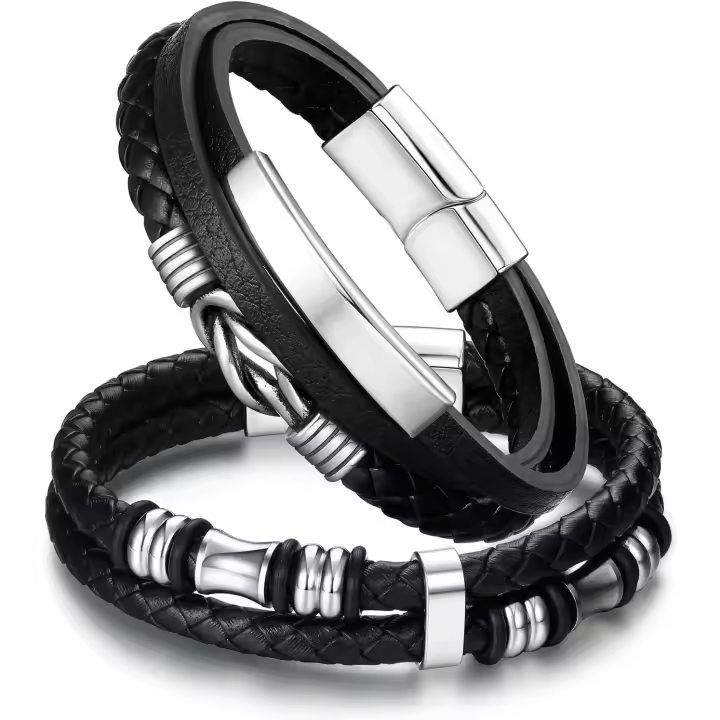 2 pulseras de cuero para hombre, pulsera trenzada clásica negra, regalos para él, novio, esposo, padre, hijo, niños, pulsera con cierre magnético para hombre, San Valentín - 1