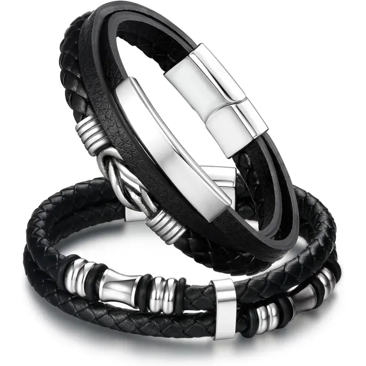 2 pulsers de cuero para hombre, pulsera Clásica Negra, Gift para él, Novio, esposo, Padre, Hijo, Niños, pulsera con Cierre magnético parhombre, San Valentín - 1