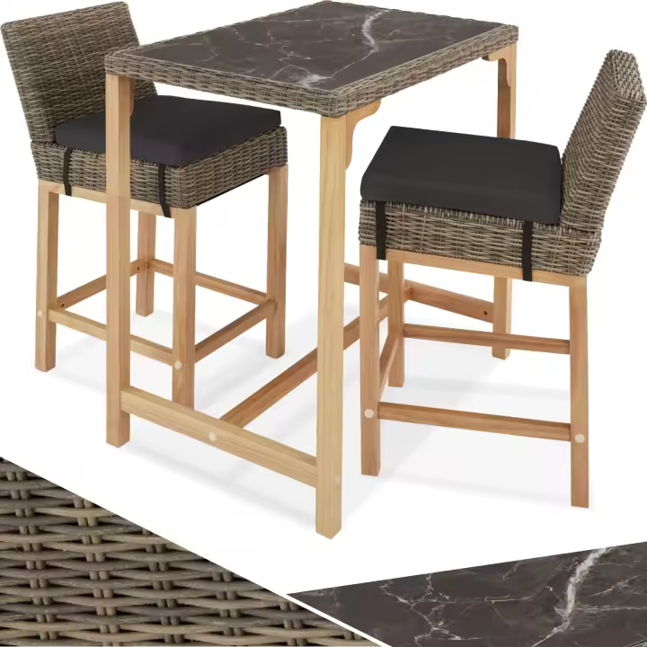 Tectake - Mesa de bar de ratán Kutina con 2 sillas Latina  Elegante conjunto de muebles de bar para jardín, terraza o patio  Tablero extraíble de porcelanato gres marmolado  Fino trenzado de ratán sintético de calidad con protección UVA - 1