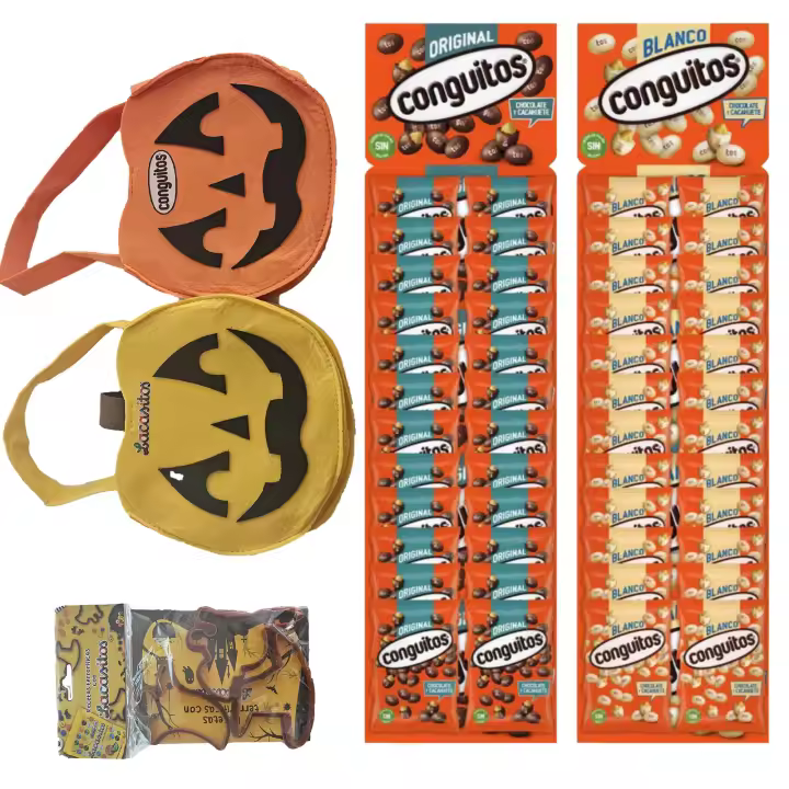 Pack Halloween:conguitos blanco panoplia 24x18g,conguitos negro panoplia 24x18g,molde y bolsa calabaza lacasitos y conguitos - 1