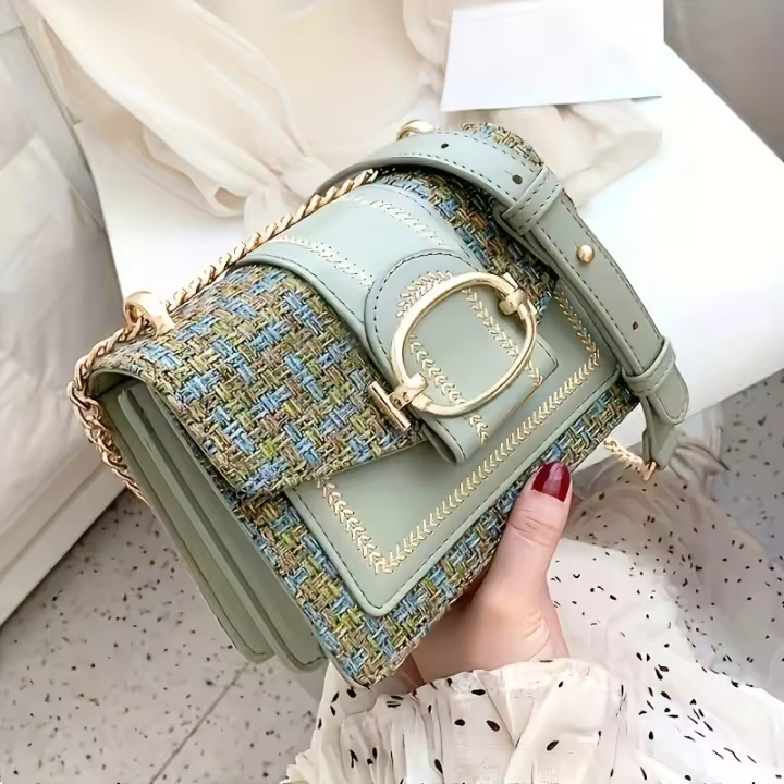Bolso Bandolera Mini Tweed Escocés Con Correa Ajustable Y Cierre De Hebilla Moda Disponible En Crema Verde Azul Negro - 1