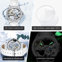 Reloj unisex automático OLEVS transparente de lujo, mecánico sin batería, elegante diseño visible, correa blanca de piel, estilo moderno para hombre y mujer, reloj de vestir clásico con maquinaria expuesta - details 1