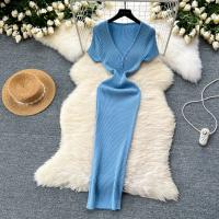 Vestido Bodycon Elegante Para Mujer Vestido Maxi De Verano Con Cuello En V Y Manga Corta Vestido Knit Elasticidad Alta Silueta Ajustada - details 12
