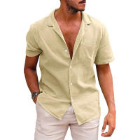 Mov Camiseta de manga corta de lino de verano para hombre, talla grande, sudadera holgada, cárdigan con botones de color liso, camisa de algodón y lino para hombre - details 24