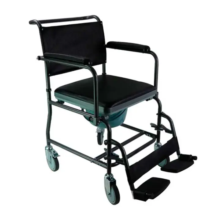 Prim Farma Silla Aseo Inodoro Brazo Abatible Con Ruedas A058 - Duradera y Resistente - Uso Intensivo - Versátil - Reposabrazos Abatibles - Reposapiés Desmontables y Graduables en Altura - 1