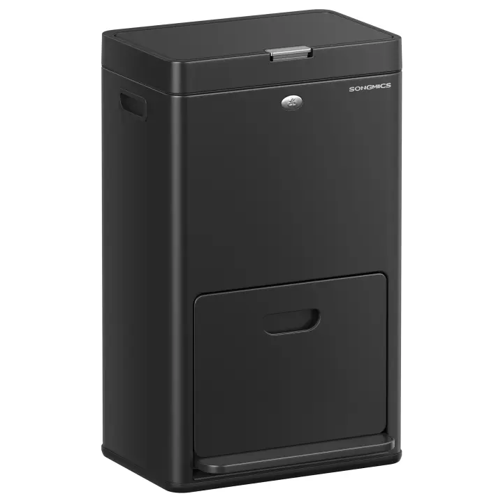 SONGMICS Papelera de Cocina, Cubo de Basura, Volumen de 2 x 17 L y 26 L, 3 Compartimentos para Basura General, Restos de Comida y Reciclaje, Filtro de Carbón, Pedal Ancho, Negro - 1