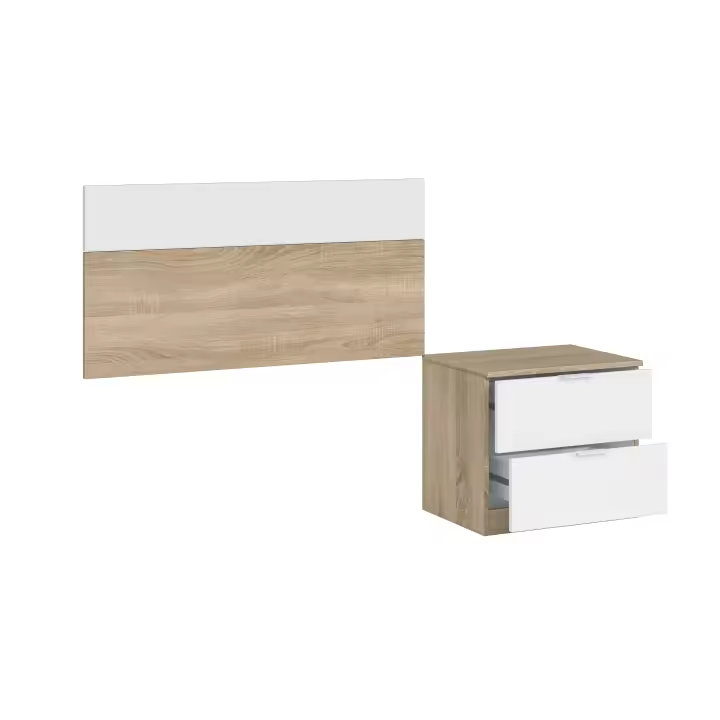 Meimon LUCA Conjunto de Dormitorio: Mesita con 2 Cajones con Guías Metálicas y Tiradores de Aluminio + Cabezal para Cama de 90cm, en Melamina E1 Roble Canadian/Blanco Artik, con Cantos de PVC y Trasera MDF Lacada - 1