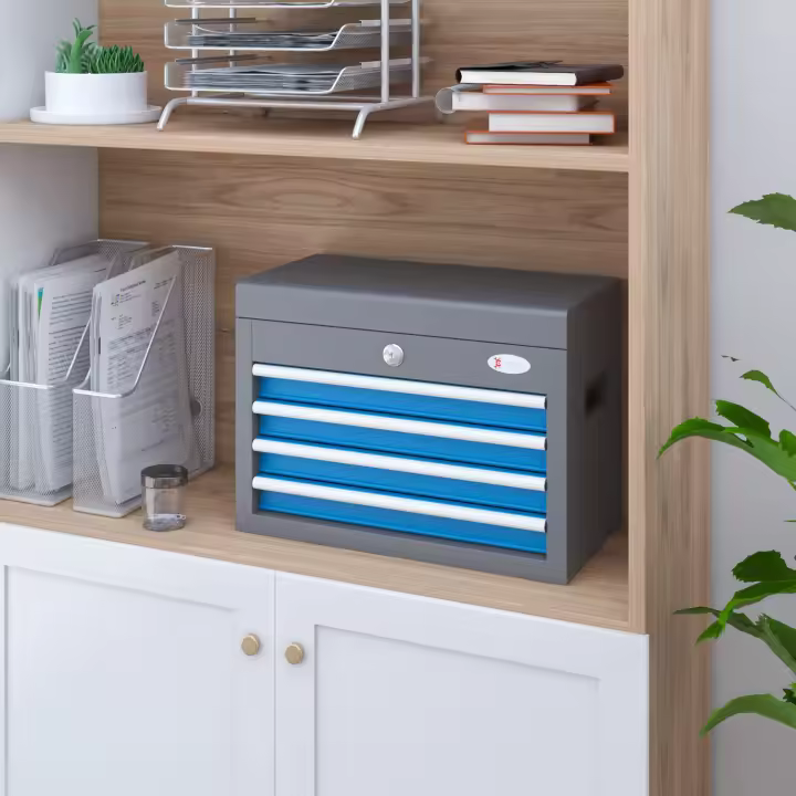 DURHAND Caja de Herramientas Metálica Maletín de Herramientas con 4 Cajones Bandeja Superior Cerradura y Asas Laterales Carga 20 kg 45x24,5x32,5 cm Gris y Azul - 1