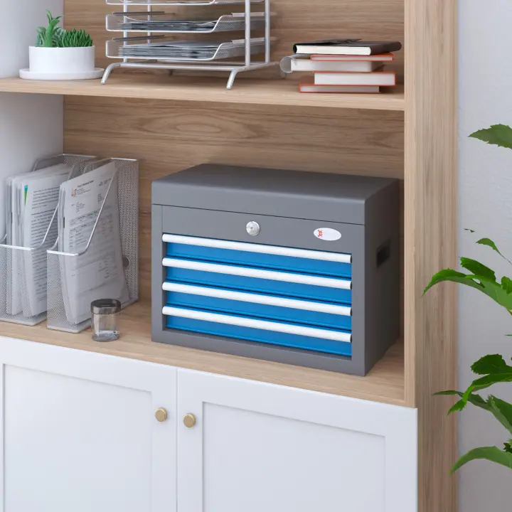 DURHAND Caja de Herramientas Metálica Maletín de Herramientas con 4 Cajones Bandeja Superior Cerradura y Asas Laterales Carga 20 kg 45x24,5x32,5 cm Gris y Azul - 1