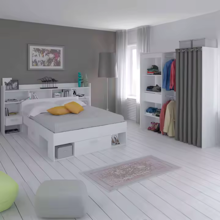 Pack de Dormitorio Chicago Estilo Contemporáneo en Color Blanco con Cama con Almacenamiento, Vestidor Abierto y Cabecero con Mesitas - 1