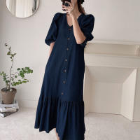 Vestido Maxi Casual ZANZEA Para Mujer De Tela Denim Azul Con Manga Puff Y Cuello V-Neck Estilo Retro Manga Corta Cierre Único Longitud Media-Calf - details 4