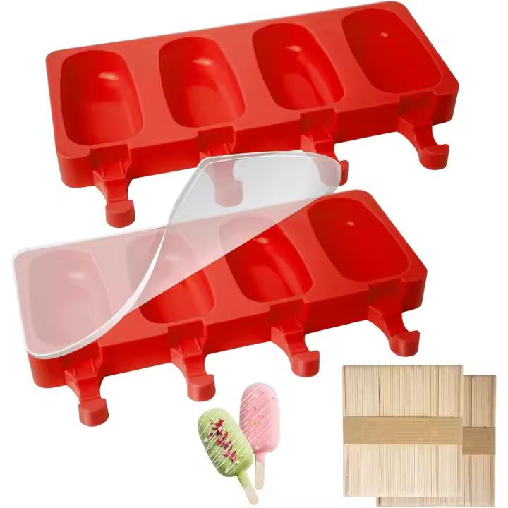Moldes para Paletas de Hielo, 2 piezas, 4 cavidades, Moldes ovalados para Paletas de Hielo, Molde de silicona para Paletas de Hielo para hacer Helado Casero con tapa de silicona y 20 Palitos de paleta - 1
