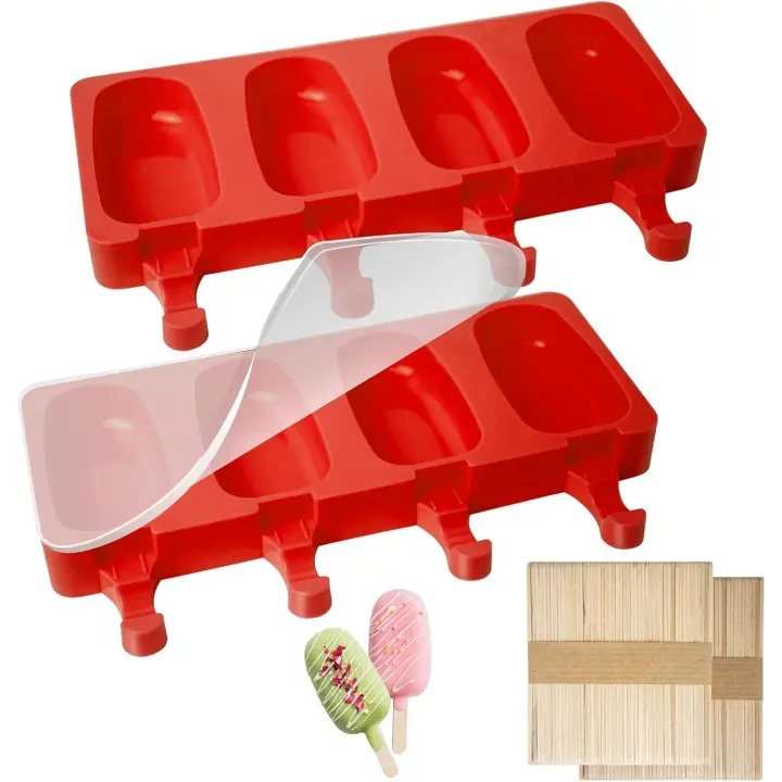 Moldes para Paletas de Hielo, 2 piezas, 4 cavidades, Moldes ovalados para Paletas de Hielo, Molde de silicona para Paletas de Hielo para hacer Helado Casero con tapa de silicona y 20 Palitos de paleta - 1