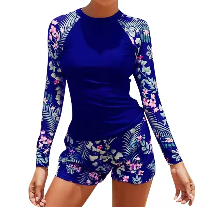 Traje De Baño De Dos Piezas Para Mujer 2024 Con Estampado De Surf Y Flores Long Sleeve Racerback Vest Y Cross Back Spandex Nylon - 1