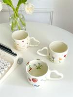 Taza De Café Creativa De Cerámica 350ml Pintura a Mano Con Flores Y Corazones Taza De Té O Leche Irregular Para Desayuno Con Avena - details 3