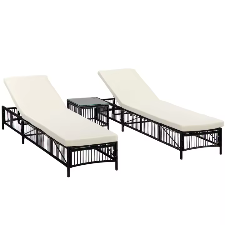 Outsunny Conjunto de 2 Tumbonas de Jardín Exterior Tumbonas de Mimbre Tejido con Mesa de Tapa de Vidrio Respaldo Reclinable de 5 Posiciones y Cojines Suaves 196x54x32 cm - 1