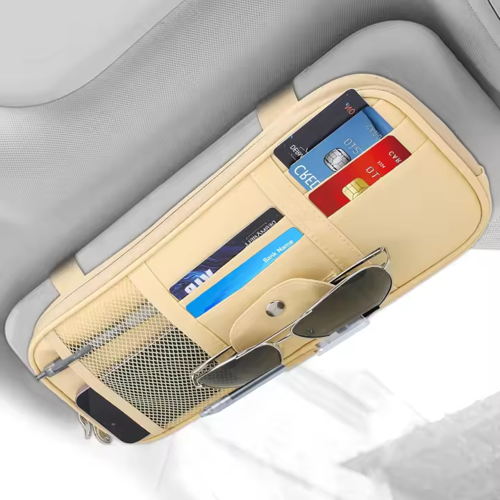 Organizador de sombrilla para Coche, Organizador de Bolsos de cuero con múltiples bolsos y Cremallera de Red para Tarjetas, Llaves, documentos y Gafas de Sol (beige) - 1