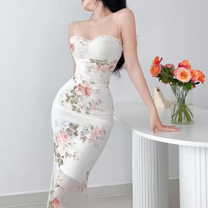 Vestido Midi Elegante Con Estampado De Flores Para Mujer Moda Hombros Descubiertos Espalda Descubierta Sexy Para Fiesta Club Polyester - 1