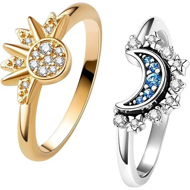 Conjunto de anillos celestiales de sol y luna, anillo de sol/luna azul brillante, anillo de promesa de amistad - 1