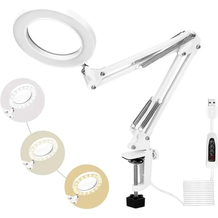Lámpara de aumento de 72 LED, lupa de luz diurna de escritorio 5X con abrazadera de metal 3 modos de color regulables para reparar manualidades, coser, leer (blanco) - 1