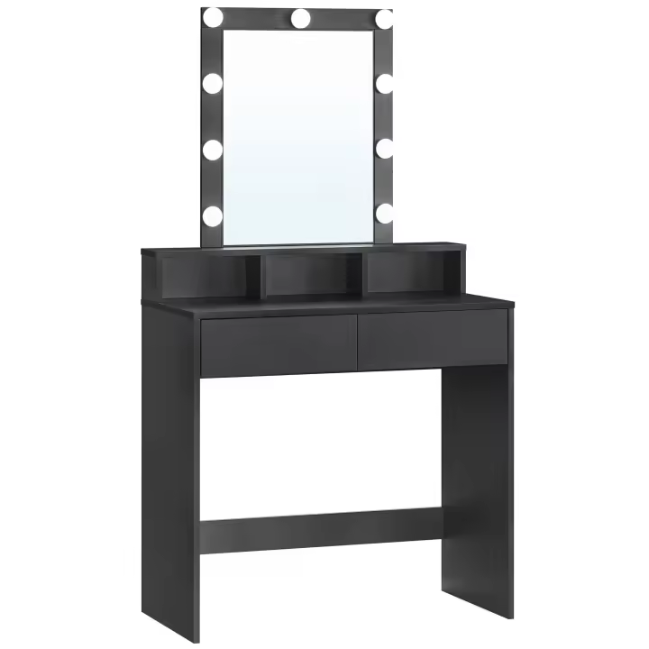 Tocador moderno con luces led ajustables, espejo iluminado, 2 cajones y 3 compartimentos, mesa de maquillaje con estilo y funcionalidad, color blanco o negro - 1