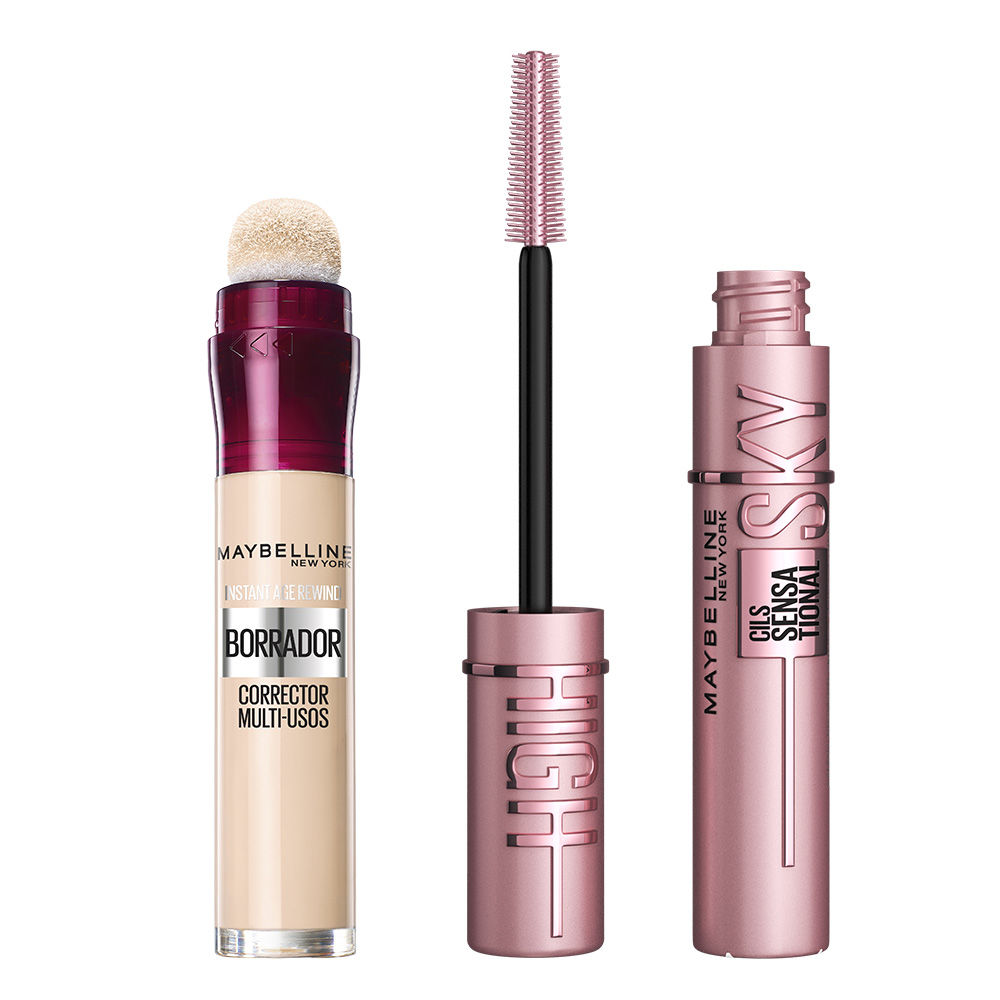 Maybelline New York | Duplo Máscara de pestañas lash sensational Sky High  + Borrador Instant Age Rewind Concealer corrector ojeras tono Light