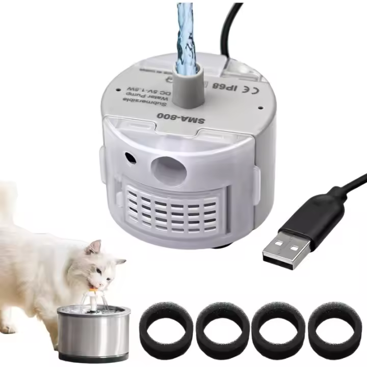 Bomba de repuesto para fuente de agua de gato de acero inoxidable de 2,5 l con elemento filtrante de repuesto de 4 piezas DC 5 V 1,5 W - 1