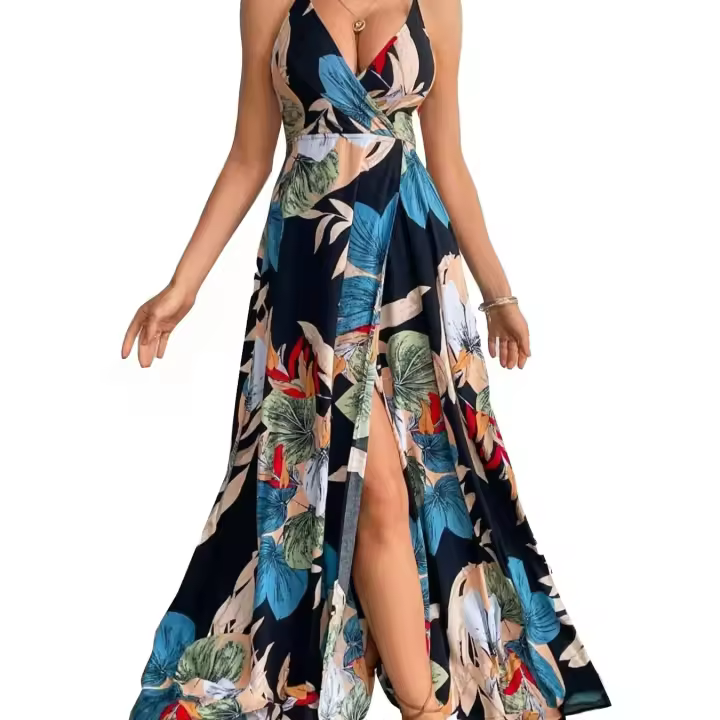 Vestido De Encaje Bohemio Con Estampado Tropical Cuello Bajo Espalda Descubierta Cintura Ajustada Midi Para Mujer - 1