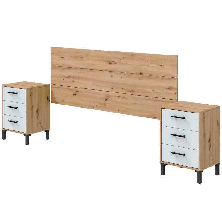 Cabecero + 2 Mesitas 3 Cajones Cabezal y Mesitas Moderno Lúmina en Blanco Artik y Roble Nodi 240x101x33 cm - 1