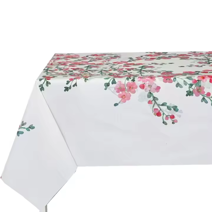 Mantel antimancha digital, Mantel lavable y impermeable, Caída decorativa, Para mesa rectangular, Tela algodón, Ideal para hogar y decoración,Fondo blanca marfil , Estilo moderno, Hojas, Flores rojo，Ancho 137cm,DM177 - 1