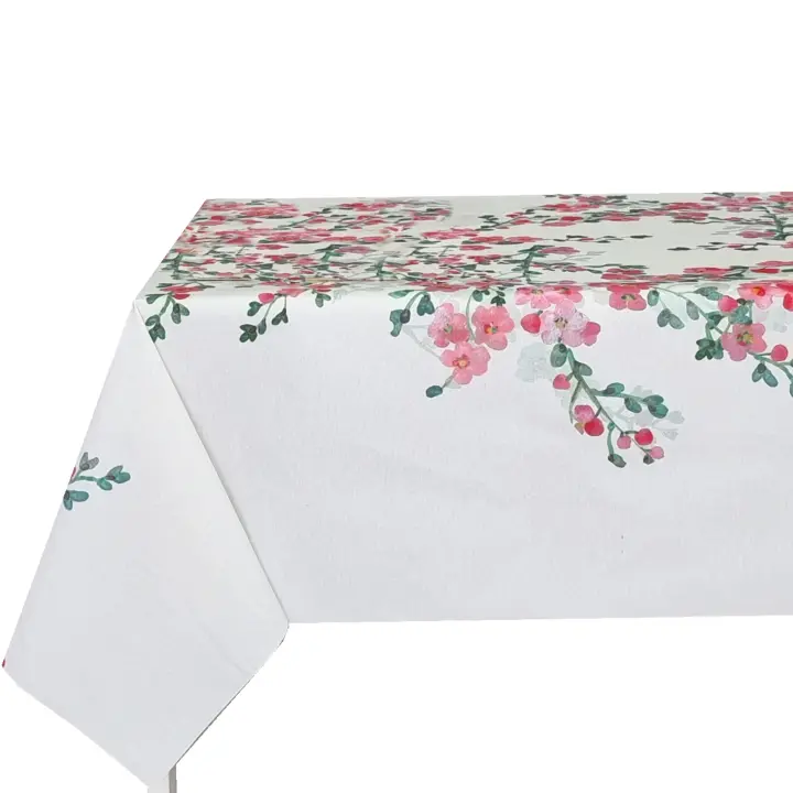 Mantel antimancha digital, Mantel lavable y impermeable, Caída decorativa, Para mesa rectangular, Tela algodón, Ideal para hogar y decoración,Fondo blanca marfil , Estilo moderno, Hojas, Flores rojo，Ancho 137cm,DM177 - 1