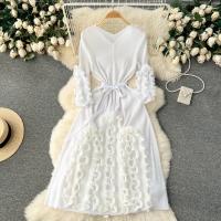Vestido Elegante De Mujer 2024 Pleated Miyak Primavera Otoño V-Neck Suéter Beaded Exquisito Cinturón A-Line Midi Vintage Polyester - details 8