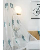 Cortina De Tule Bordada Con Hojas Azul Y Blanco Arboles Doble Ventana Para Sala De Estar Dormitorio Balcones Ventanas Bayas - details 3